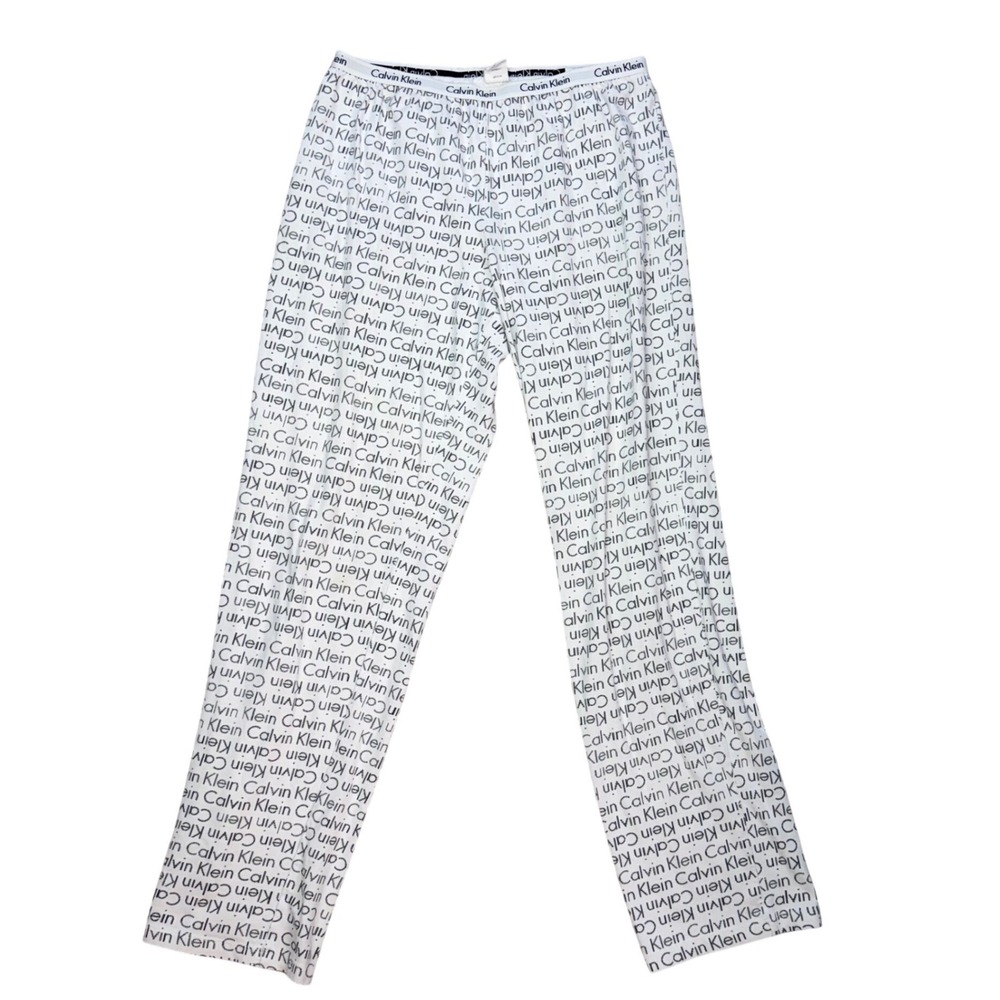 Calvin Klein Pajama Pants All Over Logo Print Y2K Streetwear Loungewear White M‎